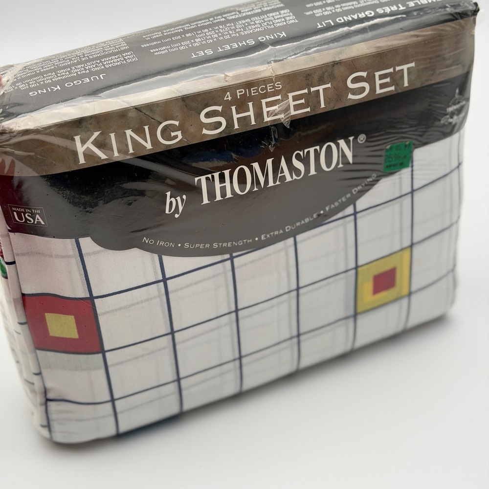 Thomaston Back Bay King Sheet Set 4pc Vintage 90s Geometric Grid Made in USA NEW - Picture 2 of 6